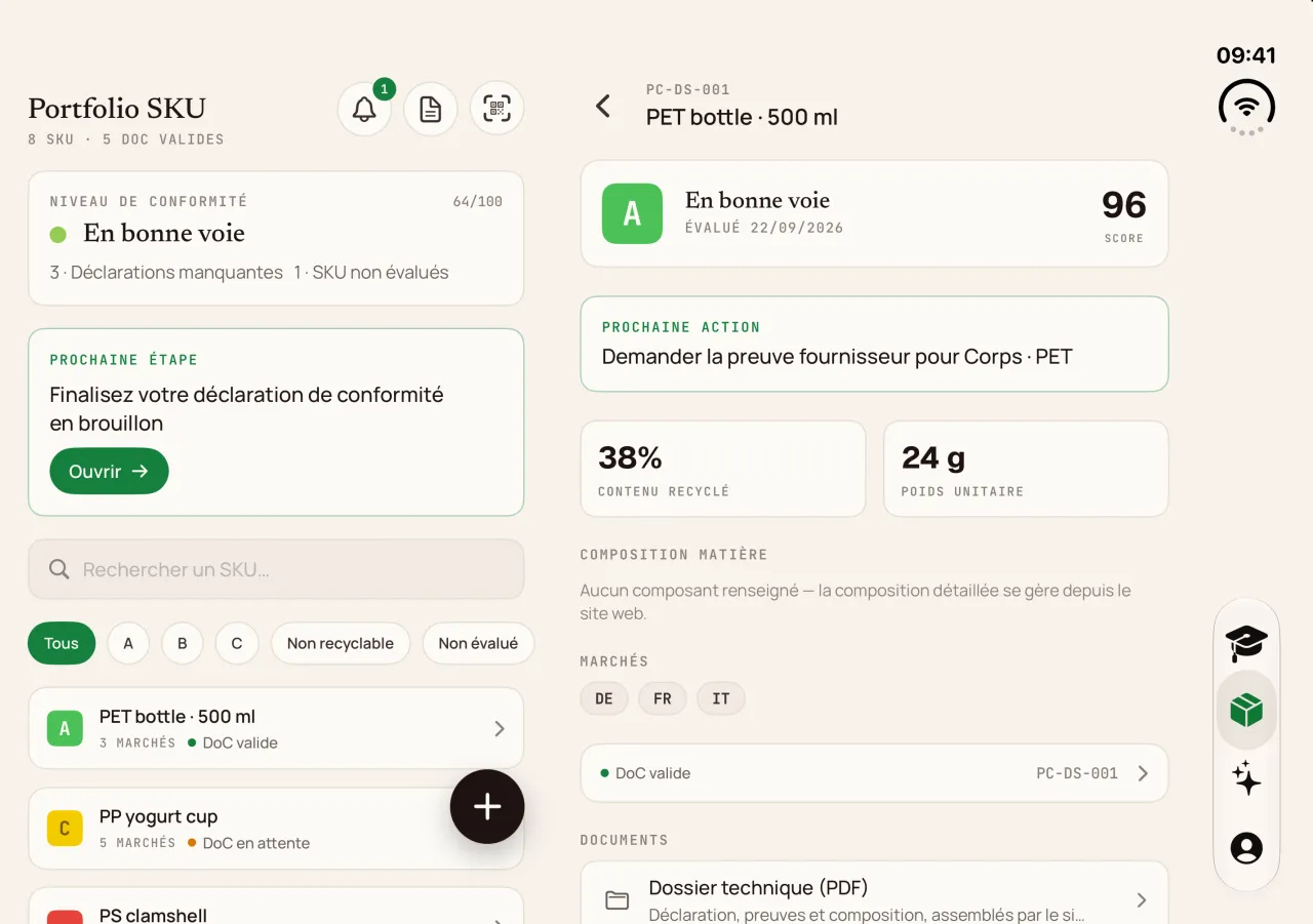 PPWR Connect sur l’iPhone Duo déplié : la liste des SKU à gauche, la fiche d’une bouteille PET de 500 ml à droite.