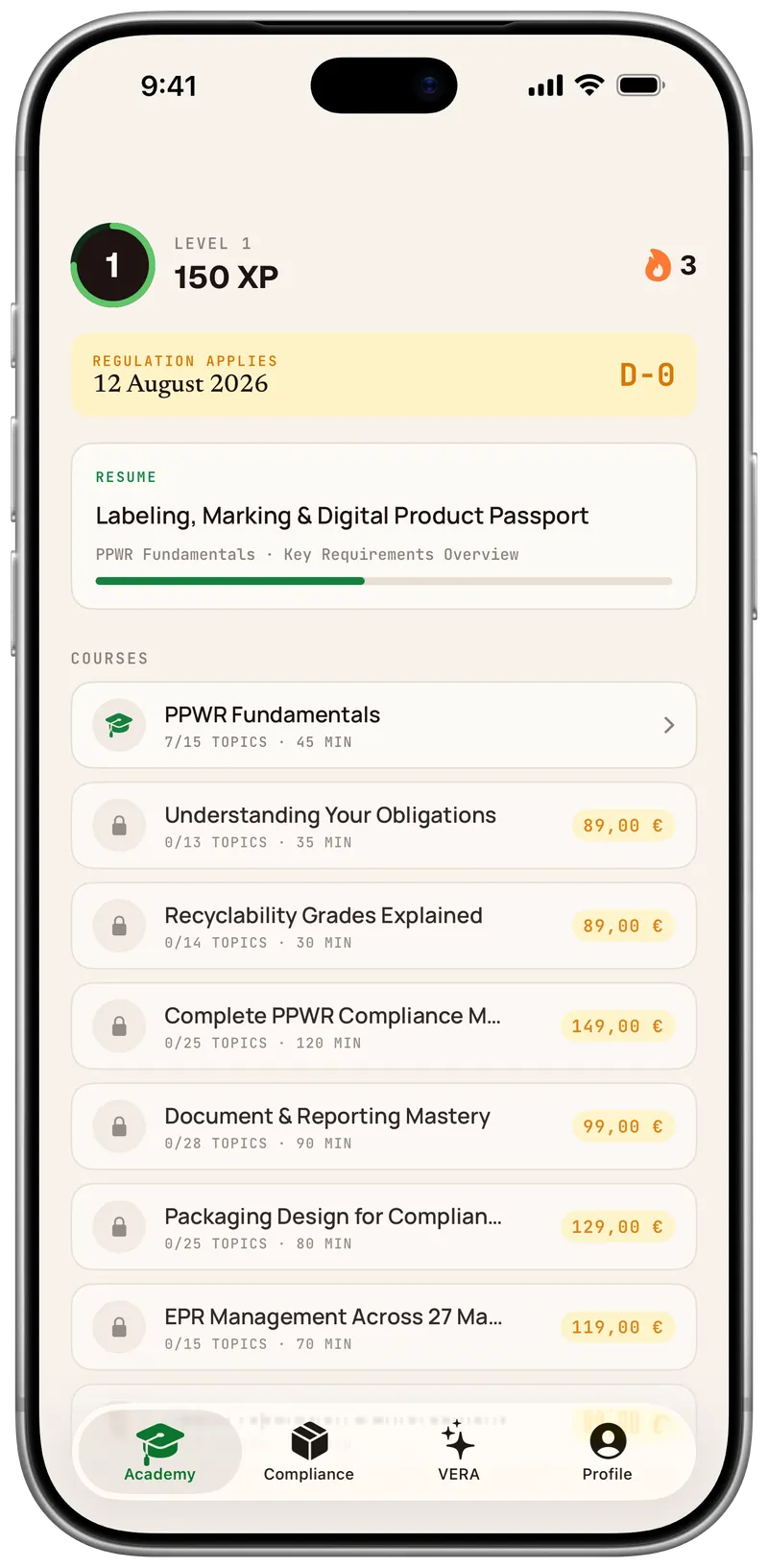 Ekran główny Academy na iPhonie: poziom i XP, lekcja do wznowienia, a potem lista kursów, podstawy otwarte i kursy płatne z ceną.